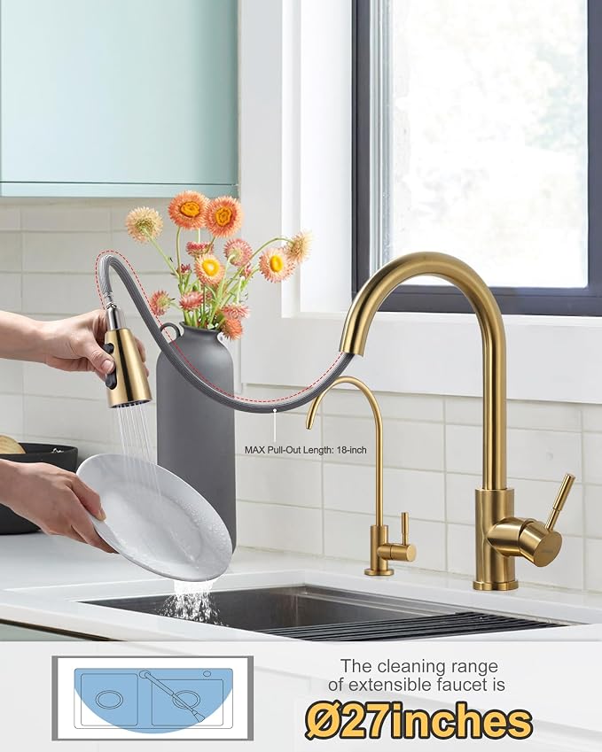 Kitchen Faucet and Water Filter Faucet Combo, WOWOW Stainless Steel Kitchen Sink Faucet with Drinking Water Faucet for Reverse Osmosis or Water Filtration System, Brushed Gold