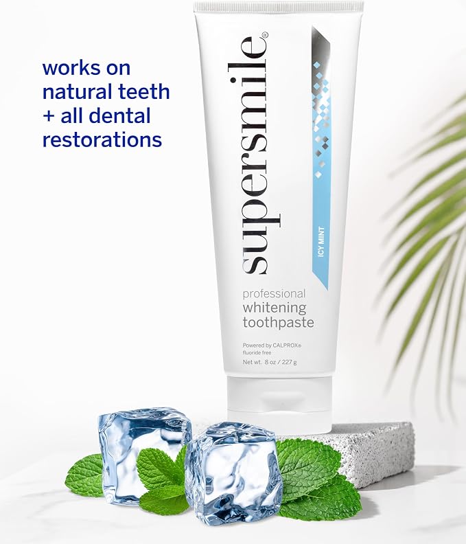 Supersmile ICY Mint Whitening Toothpaste, Fluoride-Free, 8 Oz | Calprox® Powered, Whitens 5.5 Shades in 7 Days, Frosty Peppermint Menthol Crystals, Veneer Safe, Sensitivity-Free