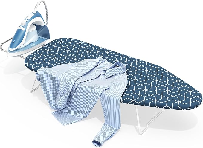 Small Ironing Board Tabletop with Heat Resistant Cover, Compact Mini Ironing Board (with Iron Rest) & Metal Frame, for Dorm, Apartment, Hook for Hanging, Iron Board 12x30, Iron Table Stand Dark Blue