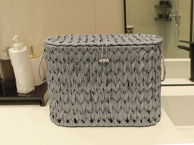 Coeusy Toilet Paper Storage Basket with Lid,Wicker Toilet Paper Holder Stand,Narrow Decorative Woven Bathroom Basket Organizer,Free Standing Grey
