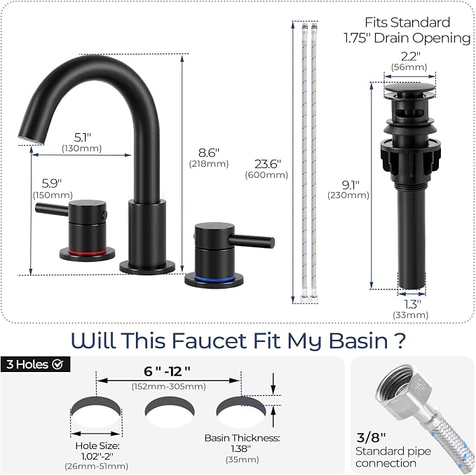 Bathroom Faucet 3 Hole, Matte Black Bathroom Sink Faucet with Pop Up Drain, 8 Inch Widespread Bathroom Faucet with 360° Swivel Spout, 2 Handle Vanity Faucet with Water Supply Hoses (2 Pack)