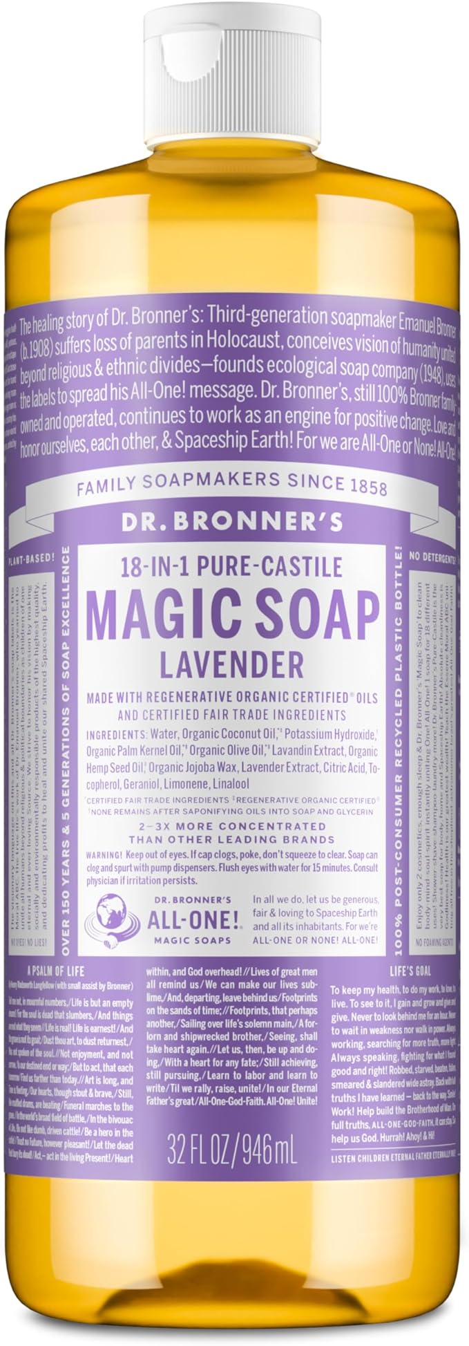 Dr. Bronner's Pure-Castile Liquid Soap, Made with Organic Oils, 18-in-1 Uses: Face, Body, Hair, Laundry, Pets and Dishes, Concentrated, Vegan, Non-GMO, Lavender, 32 Oz