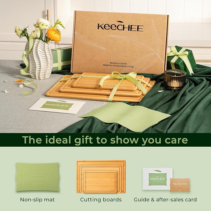 Keechee 2Pcs Cutting Board with Non-slip Mat, Bamboo Cutting Boards for Kitchen Meal Prep & Serving - Wood Serving Board Sets with Deep Juice Groove Ideal Kitchen Gifts
