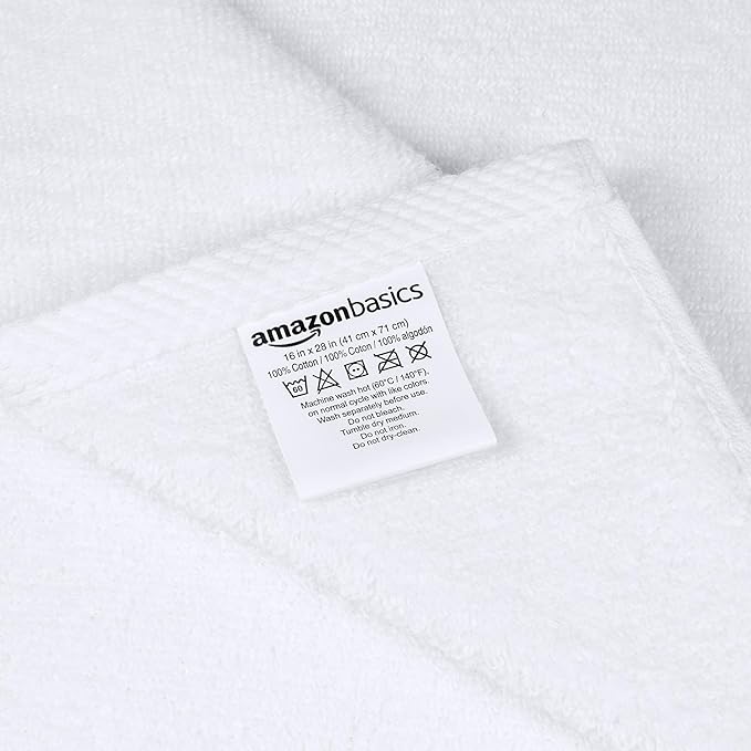 Amazon Basics 8-Pack Soft, Highly Absorbent, Quick-Dry Hand Towels, 100% Cotton, 28" x 16", White