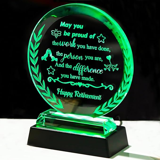 Happy Retirement Gifts for Woman Men Crystal Retirement Plaque Gifts with LED Light Base 2026 Glass Keepsake for Retired Boss Friend Coworker Teacher Going Away
