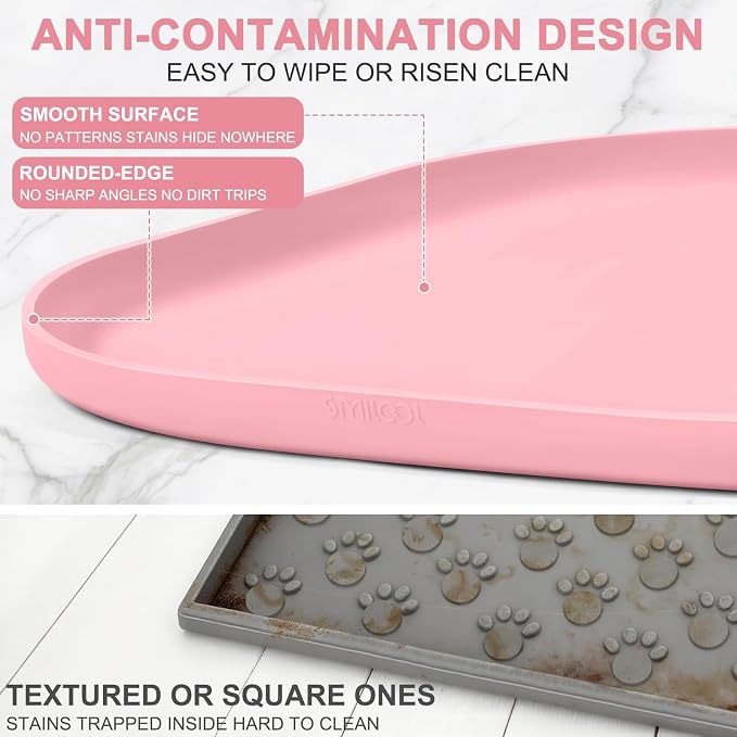 SMILOOL Waterproof Silicone Pet Food Mat with Raised Edge for Dog & Cat | 22" x 14" Non-Slip Pet Feeding Mats with Lip for Food & Water Bowl, Food Grade, Easy Cleaning, Sakura Pink