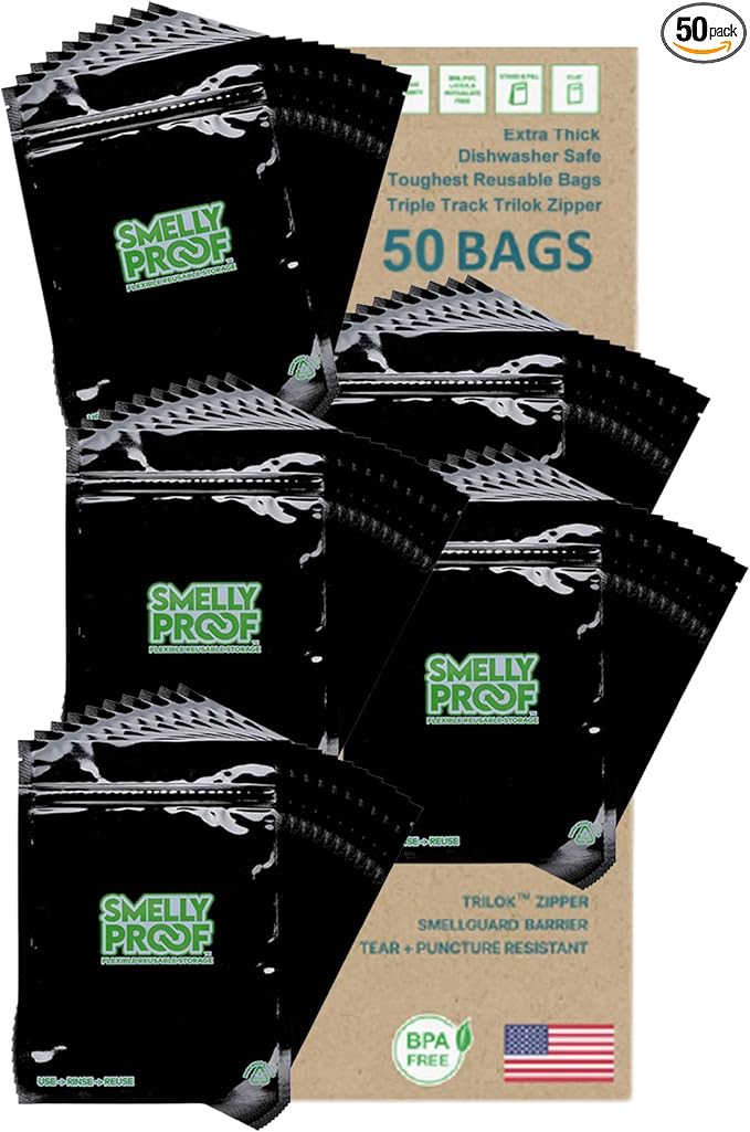 Smelly Proof Reusable Food Storage Bags, Black 4-Mil Thick, Heavy Duty Reusable Snack Bags, Reusable Freezer Bags, BPA-Free, No PEVA, Non-Silicone, 6.5” x 7.5”, 50-Pack