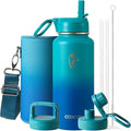Coolflask Water Bottle 32 oz Insulated with Straw, Stainless Steel Metal 3 Lids Water Flask Wide Mouth for Sports or Office, Non-BPA Keep Cold Up to 48 Hrs or Hot Up to 24 Hrs, Indigo Blue