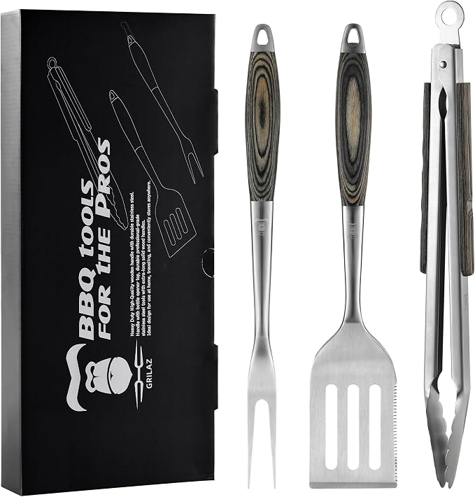 Grilaz Stainless Steel BBQ Tool Set with Veined-Dyed Wooden Handles | Heavy Duty Grilling Accessories | 3-Piece Outdoor Barbecue Grill Utensil Set with Spatula, Fork, and Tongs - Ideal Gift for Men…