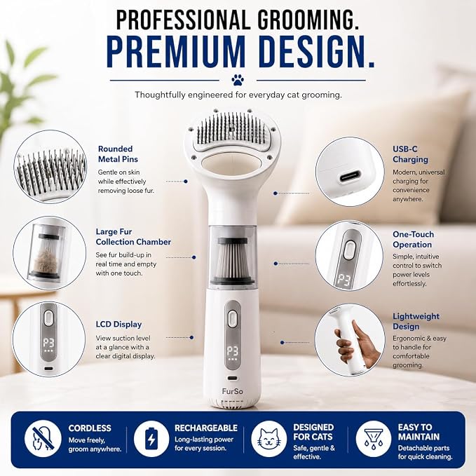 FurSo Cat Grooming Vacuum Kit, 5-in-1 Cordless Pet Grooming Vacuum for Cats & Dogs, 6000PA Pet Hair Vacuum, Low-Noise Deshedding Brush, 3-Speed LCD, Hair Remover, Type-C Charge