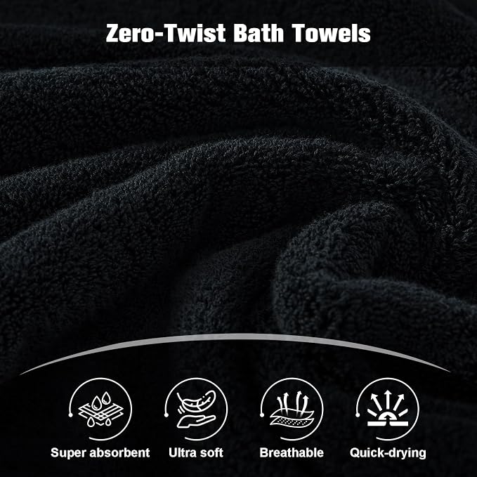 COZYART Luxury Bath Towel Set 6 Pcs, Black 100% Turkish Cotton 650 GSM | OEKO-Tex 100 Certified Zero Twist Ring Spun, Soft Absorbent Quick Dry, Plush Fluffy, Breathable Hotel Quality for Daily Use