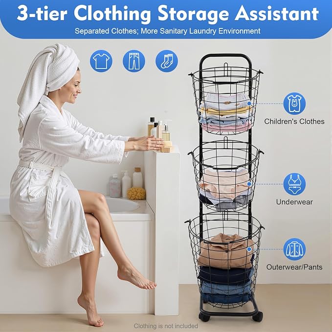 Laundry Basket with Wheels, 3 Tier Rolling Laundry Hamper Cart, Removable Metal Storage Shelf Basket, Portable Clothe Organizer Cart for Laundry Room, Balcony, Toilet, Kitchen