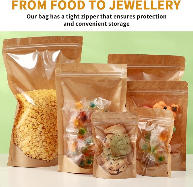 200 Pack Kraft Paper Bags with Clear Window 5x8 Reclosable Small Stand Up Mylar Bags for Food Storage Resealable Smell Proof Pouch, Edible Packaging, Reusable bags for Small Business