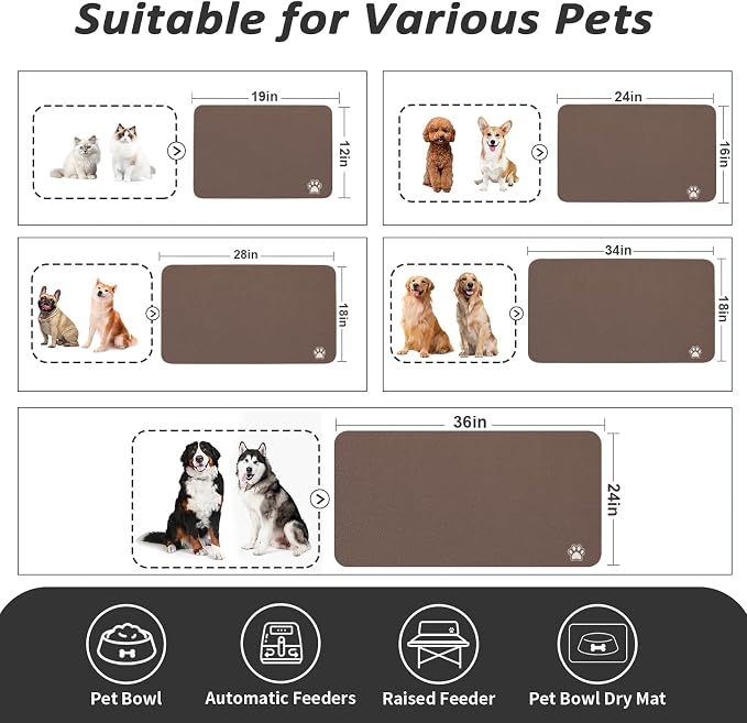 HotLive Dog Food Mat - Absorbent Cat Mat for Food and Water, No Stains Pet Feeding Bowl Mat, Easy to Clean Pet Placemats, Quick Dry Dog Water Dispenser Mat for Messy Drinkers | Paw Brown 12"x 19"