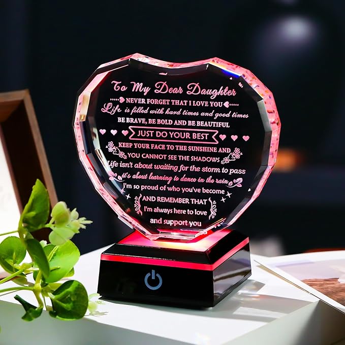 YWHL Meaningful Daughter Gifts from Mom Dad, Birthday Gifts for Adult Daughter Heart Crystal Keepsake with Colorful Light Base, to My Daughters Present on Christmas Graduation Valentine Day