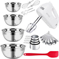 WEPSEN 5-Speed Electric Hand Mixer, 4 Large Mixing Bowls Set, Handheld Mixers with Whisks Beater, Stainless Steel Metal Nesting Bowl Measuring Cups Spoons Kitchen Cake Blender for Baking Supplies