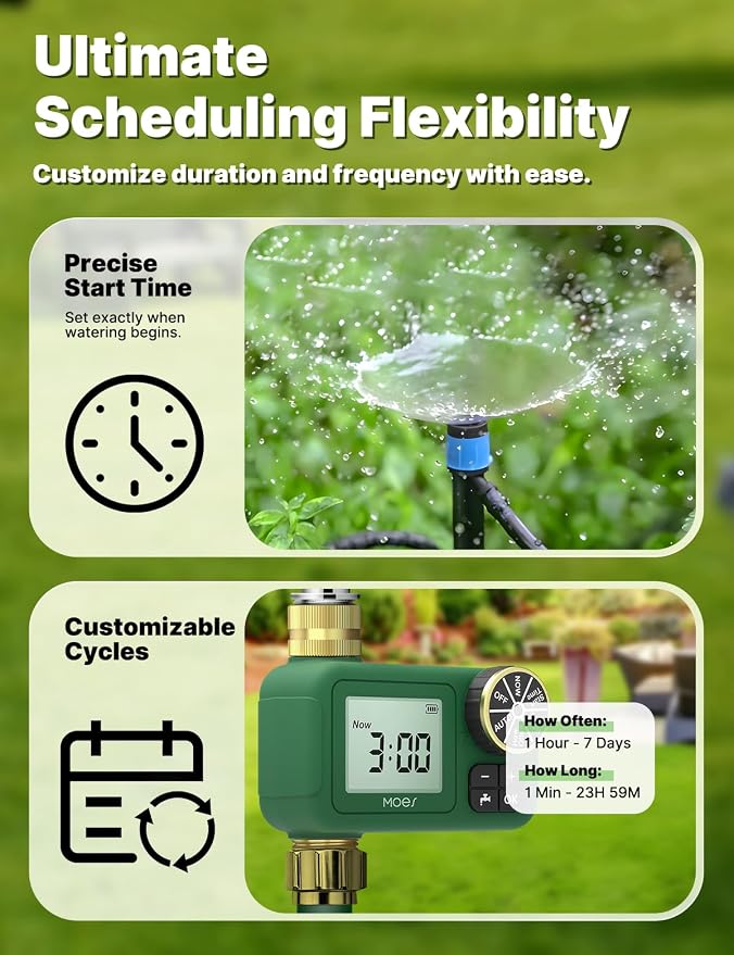 MOES 1 Zone Water Timer for Garden Hose, 3/4 in Brass Inlet and Outlet, Battery Operated Sprinkler Timer, Programmable Faucet Valve, Rain Delay, Manual Watering, Non-WiFi