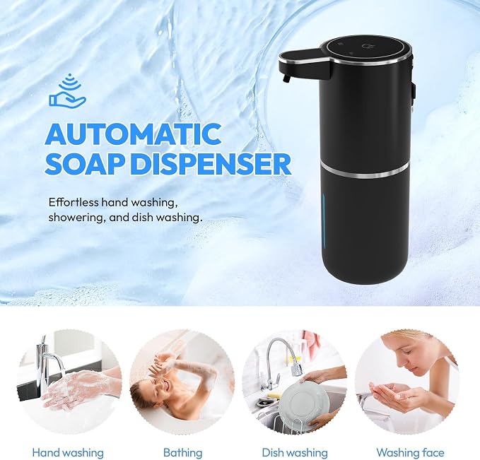 Automatic Soap Dispenser Touchless,Liquid Hand Soap Dispenser 12.8oz USB 4levels Adjustable Dispenser Electric Wall Mounted Smart for Bathroom and Kitchen Dish Soap，Easy for Toddlers(Black)