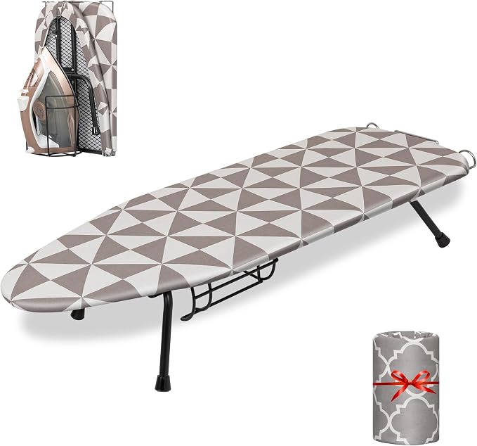 Small Tabletop Ironing Board with Iron Holder, Portable Iron Board with Non-Slip Feet, Foldable Mini Ironing Board with Cover and Pad for Home, Travel & Apartment, 12x32 Grey (Ironing Not Included)