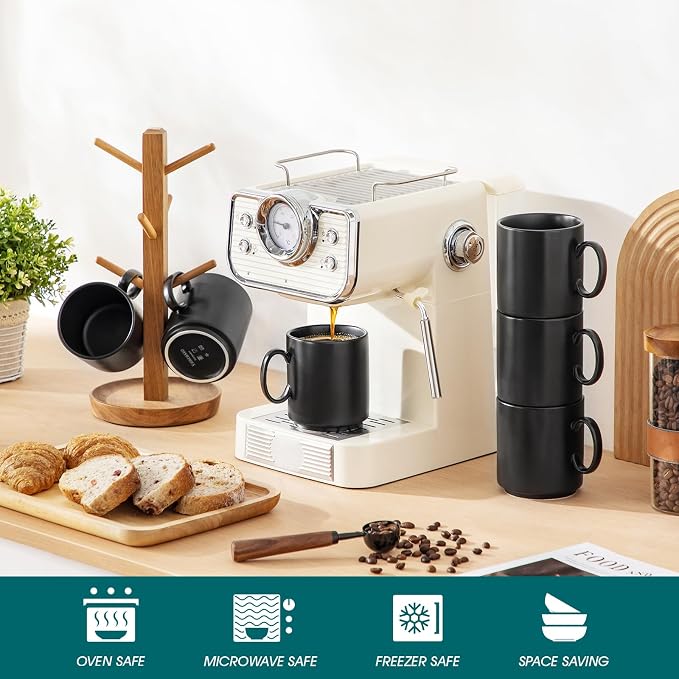 vancasso Porcelain Coffee Mugs Set of 6, 12 Oz Black Coffee Cups for Latte, Cappuccino, Tea & Hot Cocoa, Sleek Modern Café Style for Home, Office & Coffee Bar, Microwave & Dishwasher Safe