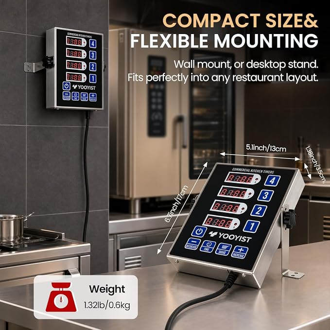 Precision Kitchen Timers for Cooking – 4 Channel Commercial Kitchen Timer Restaurant Kitchen Supplies – Stainless Steel Digital LED Chef Cooking Timer – Reminder Function, Loud Alarm, Black