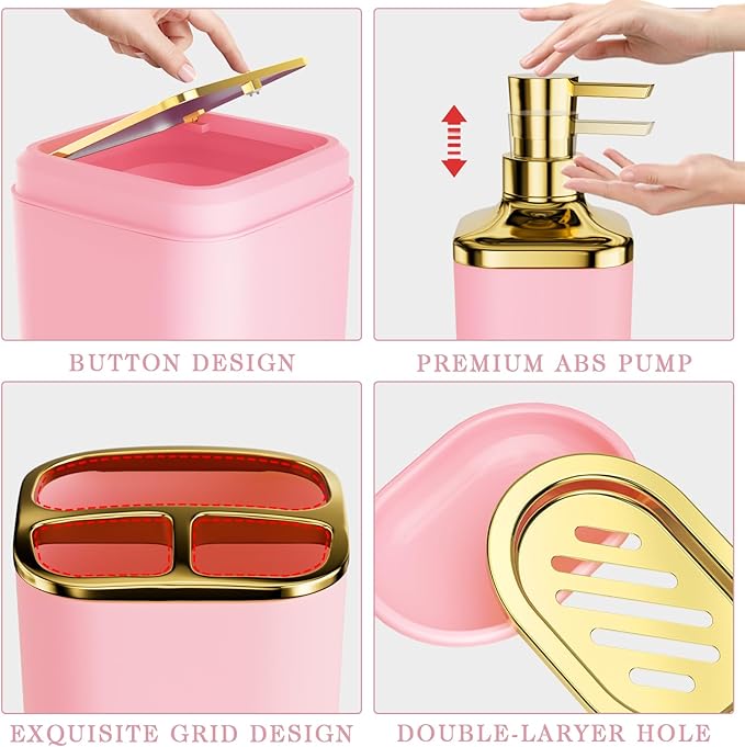 XLHOMO Bathroom Accessory Set - 24PCS Luxury Bathroom Accessories Set, Bathroom Sets with Shower Curtain and Rugs, Pink Bathroom Set with Trash Can, Toothbrush Holder & Soap Dispenser for Home Decor