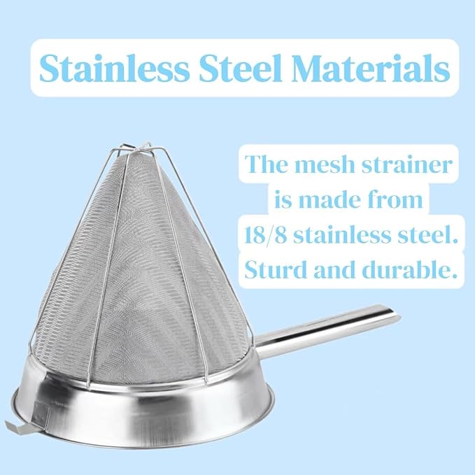 10-Inch Stainless Steel Fine Mesh Chinois Strainer | Large Strainer Reinforced Bouillon Strainer for Sauces, Soups, Purees, Pastes, Jelly, Custard, Curds and etc.