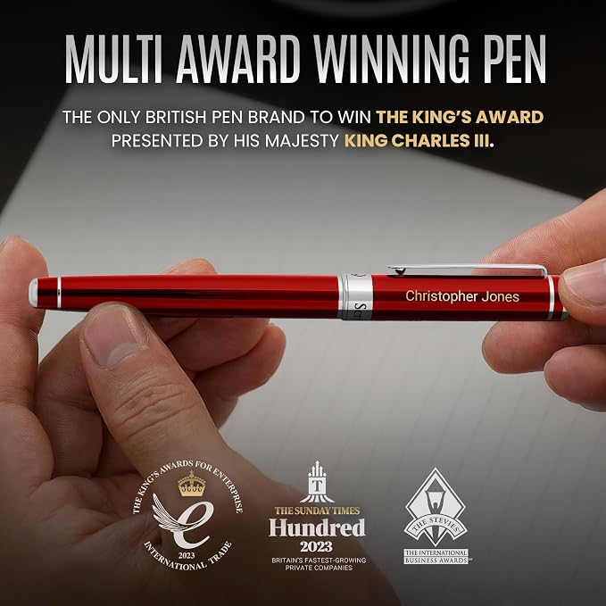 Scriveiner Personalized Deep Crimson Red Rollerball Pen - Stunning Red Lacquer Luxury Pen with Chrome Finish, Schmidt Ink Refill, Engraved Roller Ball Gift Set for Men & Women, Custom Name Engraving
