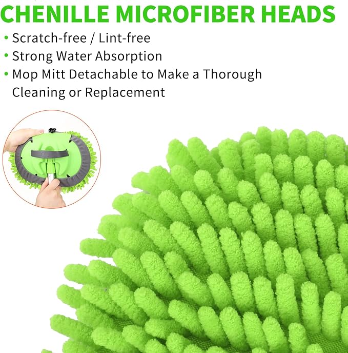 62'' Car Wash Brush with Long Handle Chenille Microfiber Car Wash Mop Mitt Kit Scratch-Free Car Cleaning Brush Care Kits with Replacement Head Supplies for Cars RV Truck Boat