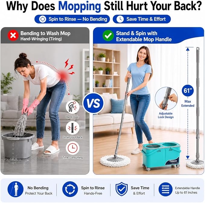2026 Upgraded Easy-Use Spin Mop for Cleaner, Clean & Dirty Water Separation Mop Bucket for Pet & Family Homes,360° Swivel Wheels, Safe for Hardwood & Tile, Adjustable Handle,6 Reusable Mop Heads
