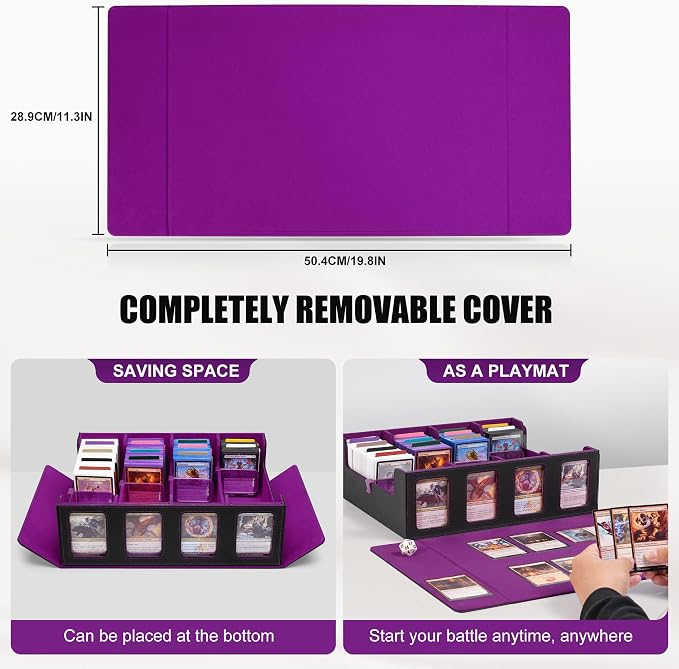 Trading Card Storage Box with Commander Display , 4-Row Deck Case with Removable Lid; 2400+ Card Deck Box for MTG TCG Sports Card, 4 Top Loaders, 4 Stoppers, 24 Dividers,1 Dice Bag (Black Purple)