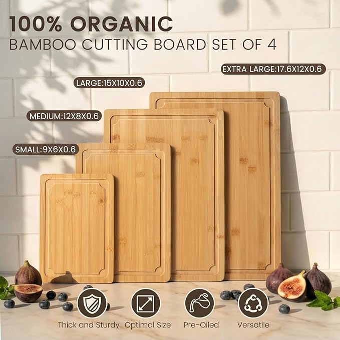 Extra Large Cutting Board Set of 4, Bamboo Cutting Boards for Kitchen with Juice Groove and Handles Kitchen Chopping Board for Meat Cheese board Heavy Duty Serving Tray, Empune
