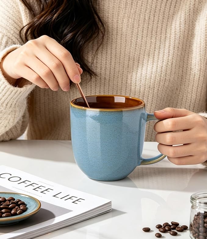 LERATIO Ceramic Coffee Mugs Set of 6,12oz Handmade Coffee Mugs Set | Large Handle for Cappuccino/Latte/Tea/Hot Cocoa,Oven &Dishwasher & Microwave Safe-Ocean Blue