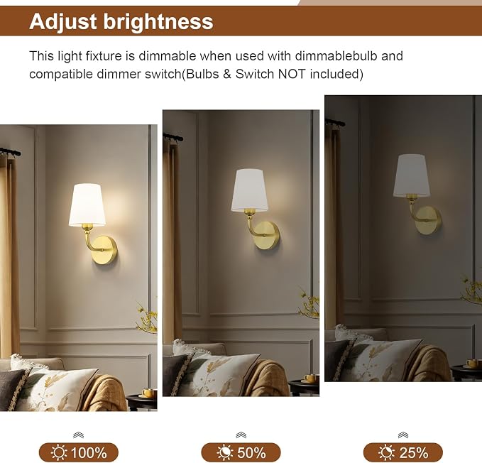 Modern Bathroom Vanity Light, Brushed Gold Bathroom Light Fixtures, Set of 2 Lighting Fixtures Over Mirror, Modern Wall Sconce with Flared White Fabric Shade, E26 Socket(ETL Listed)