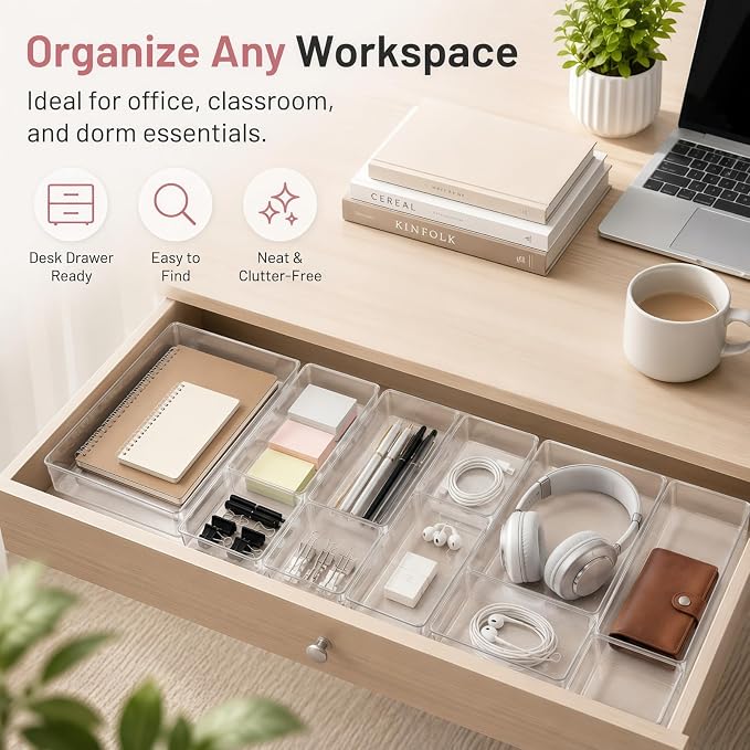 8 Pack Large Clear Plastic Drawer Organizer Bins - Acrylic Bathroom Drawer Organizer Trays - Heavy Duty Kitchen Drawer Dividers for Utensils - Non-Slip Storage Bins for Makeup, Bedroom, Office Desk