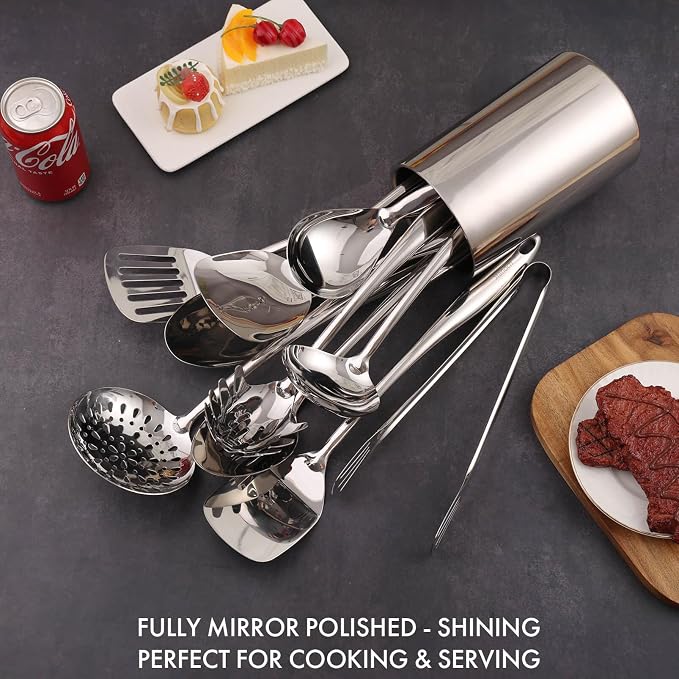 18/10 Stainless Steel Kitchen Utensils Set with Holder for Countertop | 15″ Spatula Spoon Set with Storage Organizer, 12-Pieces, Fork, Tongs, Spatula, Ladle, Skimmer, Turner, Spaghetti, Large Spoon