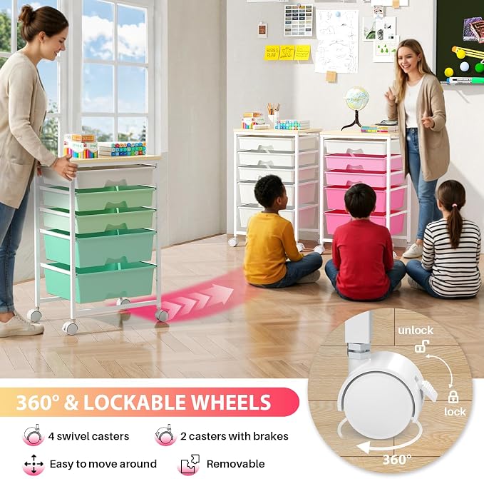 Goovilla Rolling Cart with 5 Drawers for Craft, Art, Dorm, Office, White | Utility Cart Organizer With 5 Removable Drawers and Wooden Tabletop, Lockable Rolling Storage Organizer for Classroom, Home