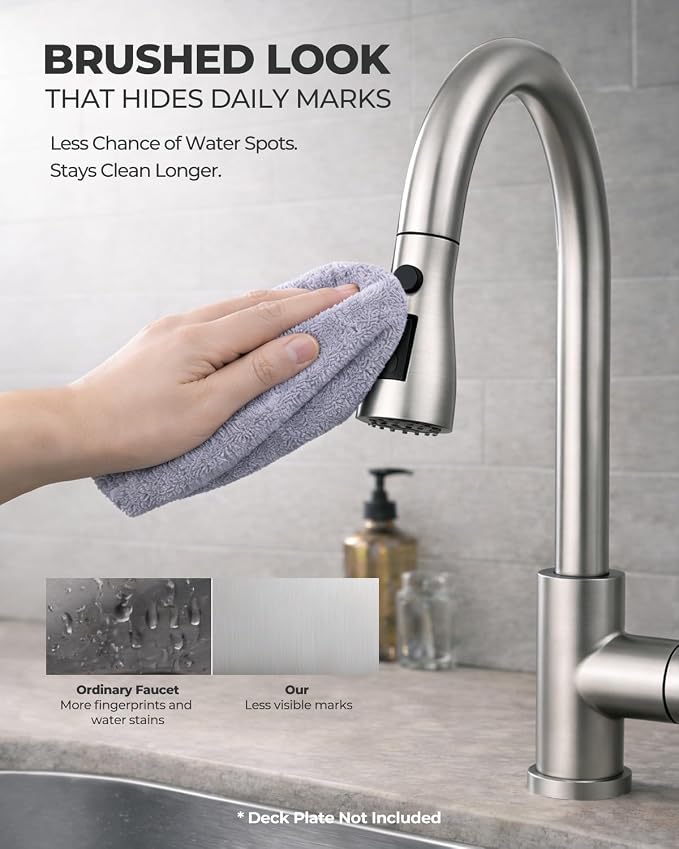 WEWE Pull-Down Kitchen Sink Faucet, 3-Mode Spray, 1-Hole, Brushed Nickel | Stream & Spray & Pause Modes, 20" Pull Down Hose, SUS304 Stainless Steel, 500k Cycle Ceramic Cartridge, Tool-Free Twist-Lock