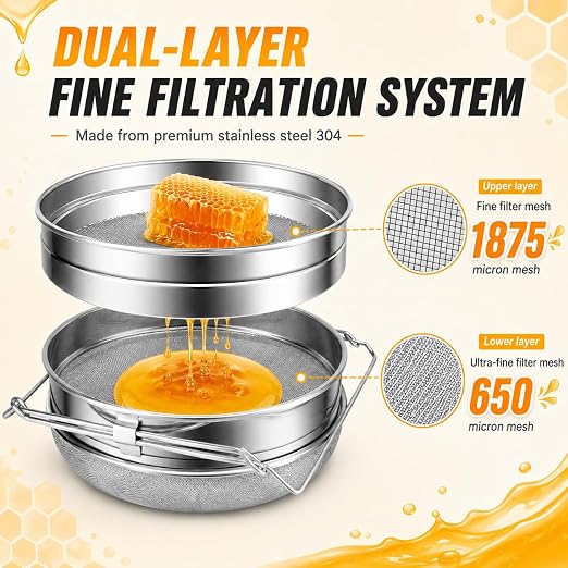 2PCS Honey Strainer Double Sieve Honey Filter, Honey Extractor for 5 Gallon Bucket 9x14 Inch, Beekeeping Supplies for 5 Gallon Bucket Honey, Beekeeping Equipment Tools