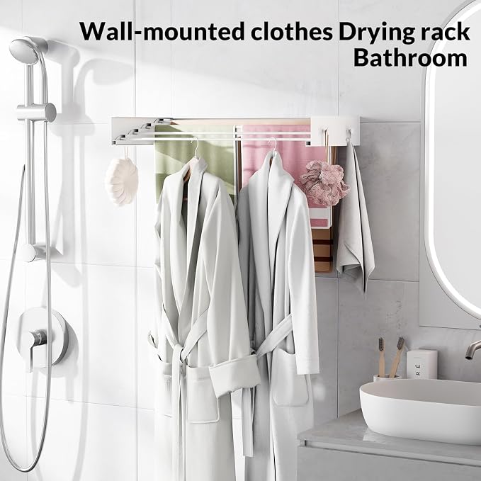 Foldable Wall-Mounted Clothes Drying Rack, 23.6 Inches, Holds up to 60 lbs | Waterproof & Moisture-Resistant, 4 Towel Hooks & 4 Drying Rods, Space-Saving for Bathrooms, Balconies, Hallways and Garages