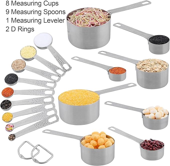 Measuring Cups and Spoons Set, 18 Piece 18/8 Stainless Steel Measuring Cups and Spoons Set for Dry & Liquid, Metric & US Metal 8Measure Cup and 9 Spoon & Leveler for Baking & Kitchen