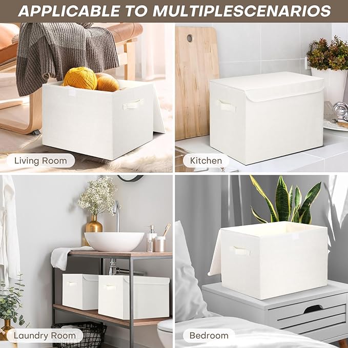 Bagnizer Large 42 Quarts Fabric Storage Bins with Lids [2-Pack] Linen Collapsible Foldable Storage Cubes, Closet Organizer Containers boxes with Handles for Home Office (16.7 x 12 x 12, White)