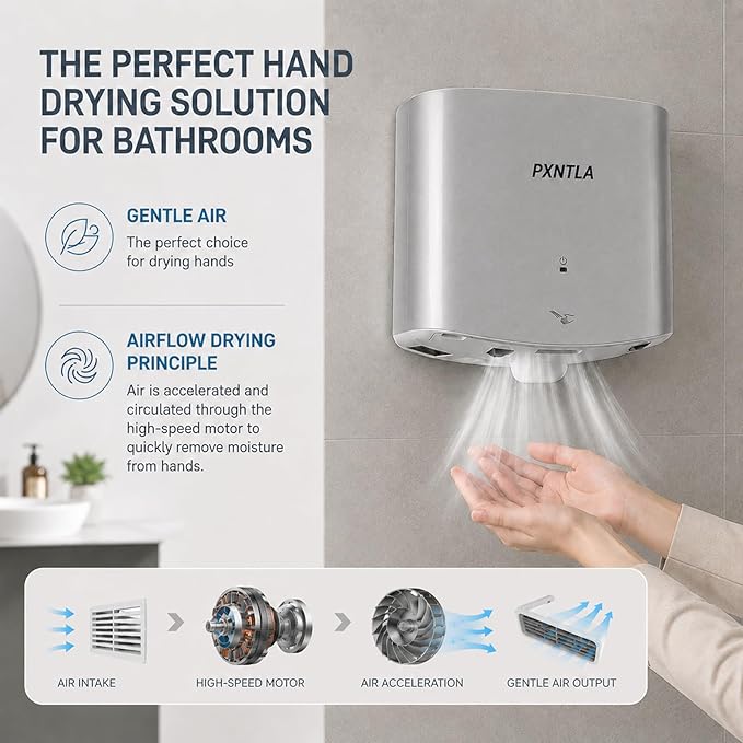 Hand Dryer, 12-15 Seconds Fast Dry Hands, 100-130V Voltage, Bottom Hot & Cold Air Switch, IPX1 Waterproof & 60s Overheat Protection