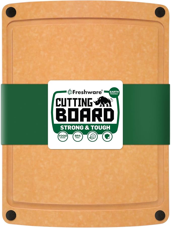 Freshware Wood Cutting Board for Kitchen, Juice Groove, Non-Slip Silicone Feet, Dishwasher Safe, Large, 15" x 11.25", Natural