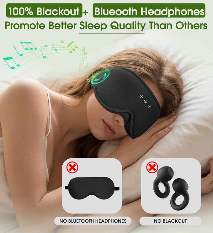 Bamboo Cotton Large Sleep Mask with Bluetooth Wireless Headphones - Blackout Eye Mask for Sleeping 3D Contoured Sleep Headband Ear Muffs Lengthen & Low Noise Hook for Better Experience (Black)
