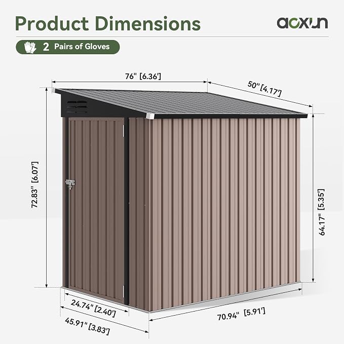 Aoxun 4x6 FT Lean to Shed Outdoor Storage Shed, Brown | Lockable Doors & Slooping Roof, Metal Garden Tool Shed for Backyard, Bike Shed for Patio, Poolside