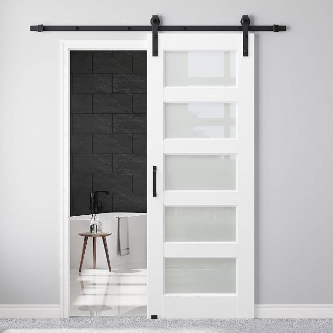 28" x 80" Pre-Assembled Sliding Barn Doors and 6FT Sliding Door Hardware Kit Included & Handle, 5-Lites Frosted Glass Barn Door for Closet Bathroom Bedroom, Solid & Water-Resistant MDF, Paintable