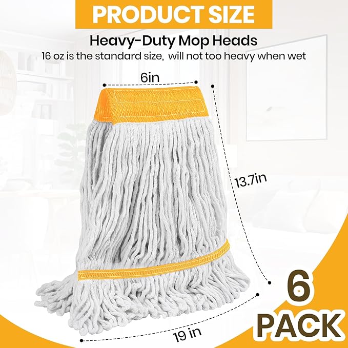 6PK Heavy Duty Commercial Mop Head Replacement- Loop End Cotton Blend String Refill for Side Loading & Clamp Style Mops, Restaurant , Janitorial & Industrial Cleaning(Yellow)