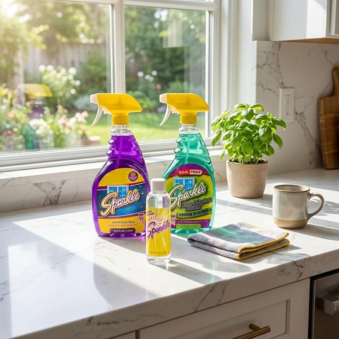 Sparkle Glass Cleaner, Ammonia-Free Streak-Free Formula, 33.8 fl oz Spray Bottle, Safe for Windows, Mirrors & Glass Surfaces (Pack of 4)