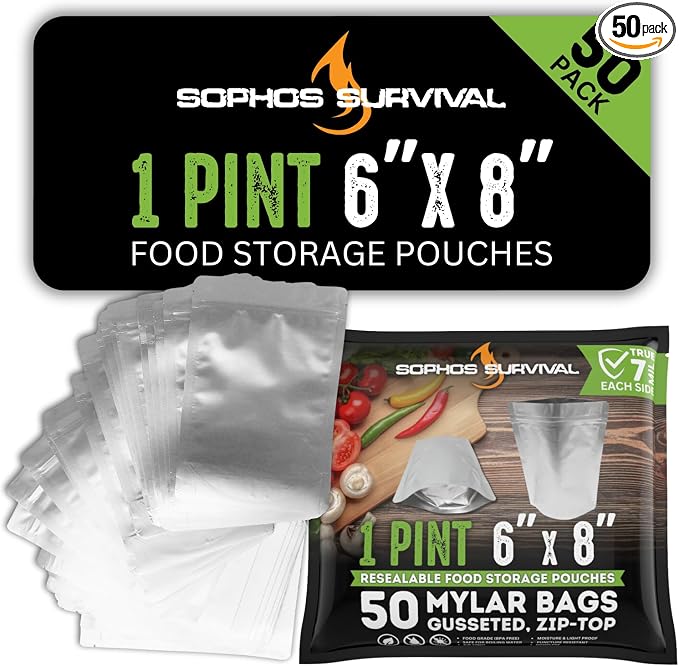 50 Mylar Bags for Food Storage, Airtight 7-Mil Thick Gusseted Zip Lock, Long Term, Reusable, Emergency Food Supply & Freeze Dryer Bags - 1 Pint 6x8 Inch